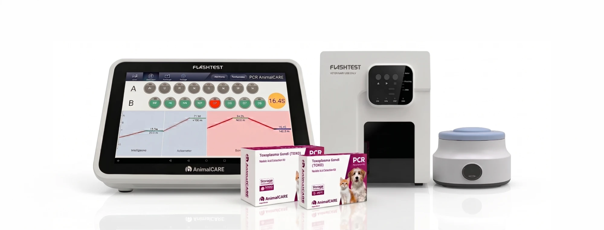 Das FlashTest-PCR-System von bestAnimalCARE: Gerät mit Touchscreen, Extraktionseinheit, Zentrifuge und PCR-Testkits