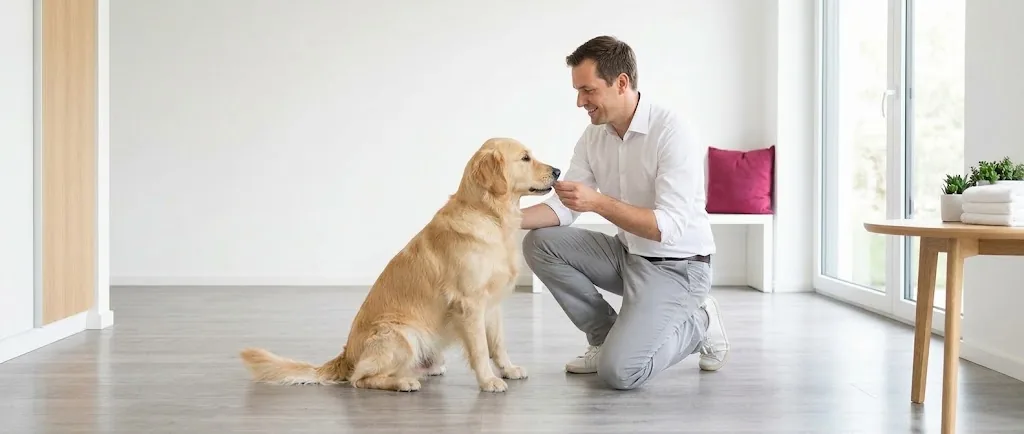 Tierarzt kniet in einem hellen Praxisraum neben einem Golden Retriever (KI-generiertes Bild)