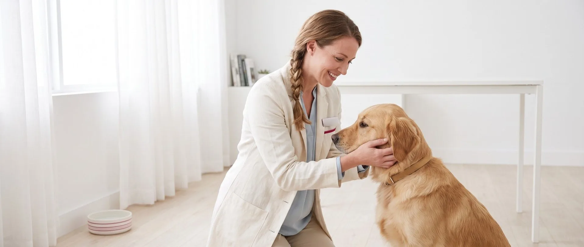 Veterinarian with a golden retriever in a treatment room (AI-generated image)