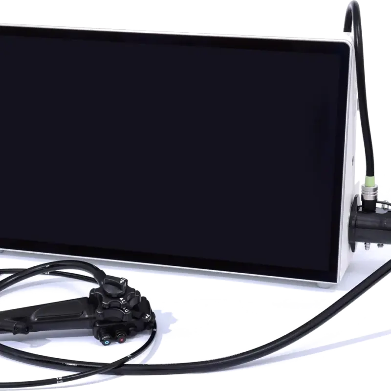4K All-in-One-Endoskopiesystem mit 23,8-Zoll-Touchscreen und angeschlossenem flexiblem Videoskop